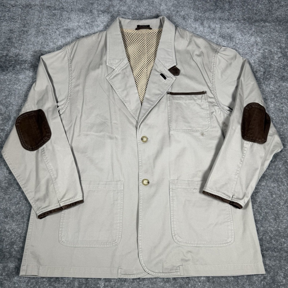 Vintage Guide Gear Jacket Men's XL Beige Safari Hunting Leather Trim Chin Strap